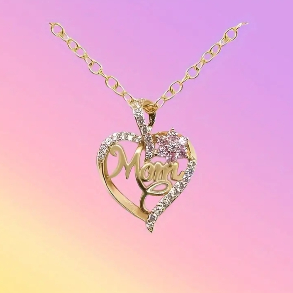 Gold Heart 'Mom' Necklace with Sparkling Accents
